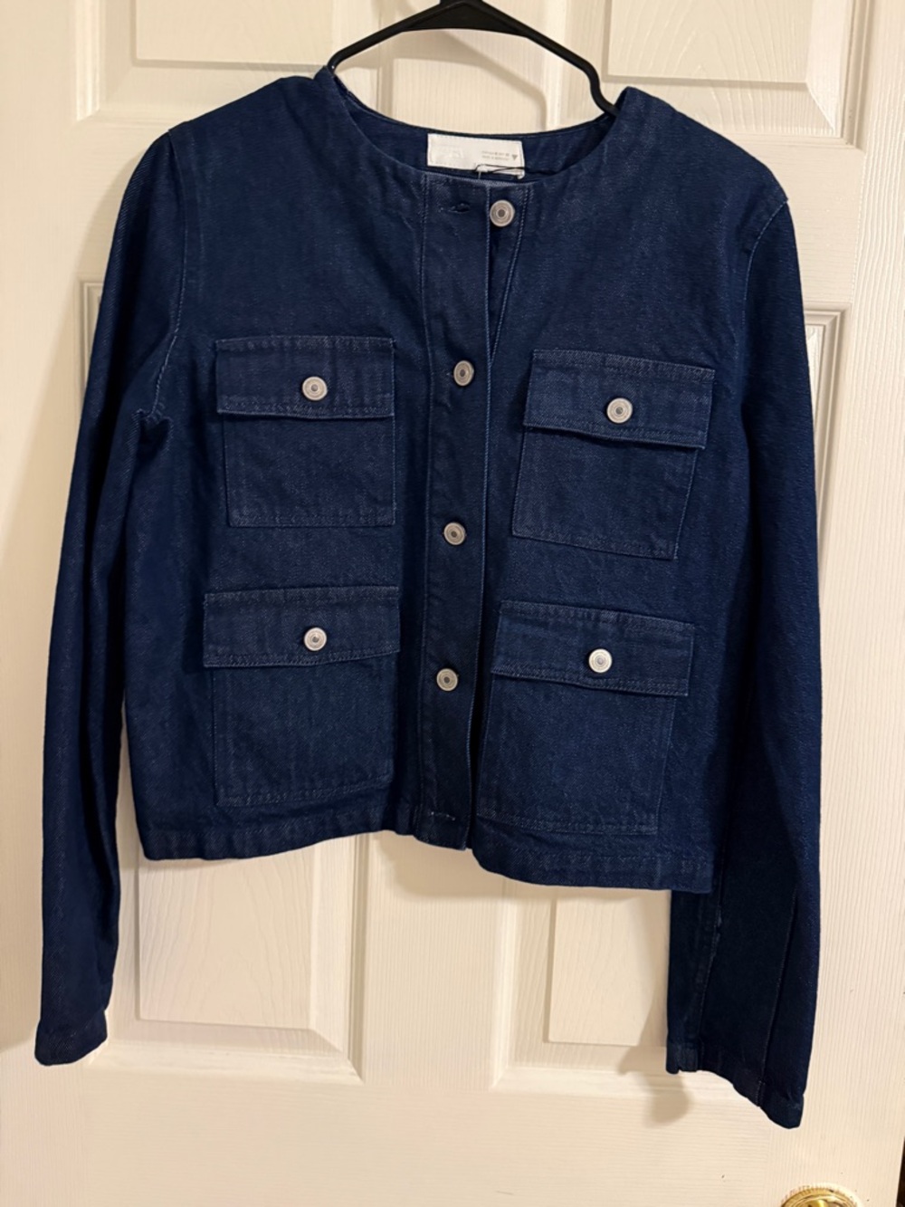 Zara Dark Indigo Collarless Denim Jacket - Picture 7 of 8